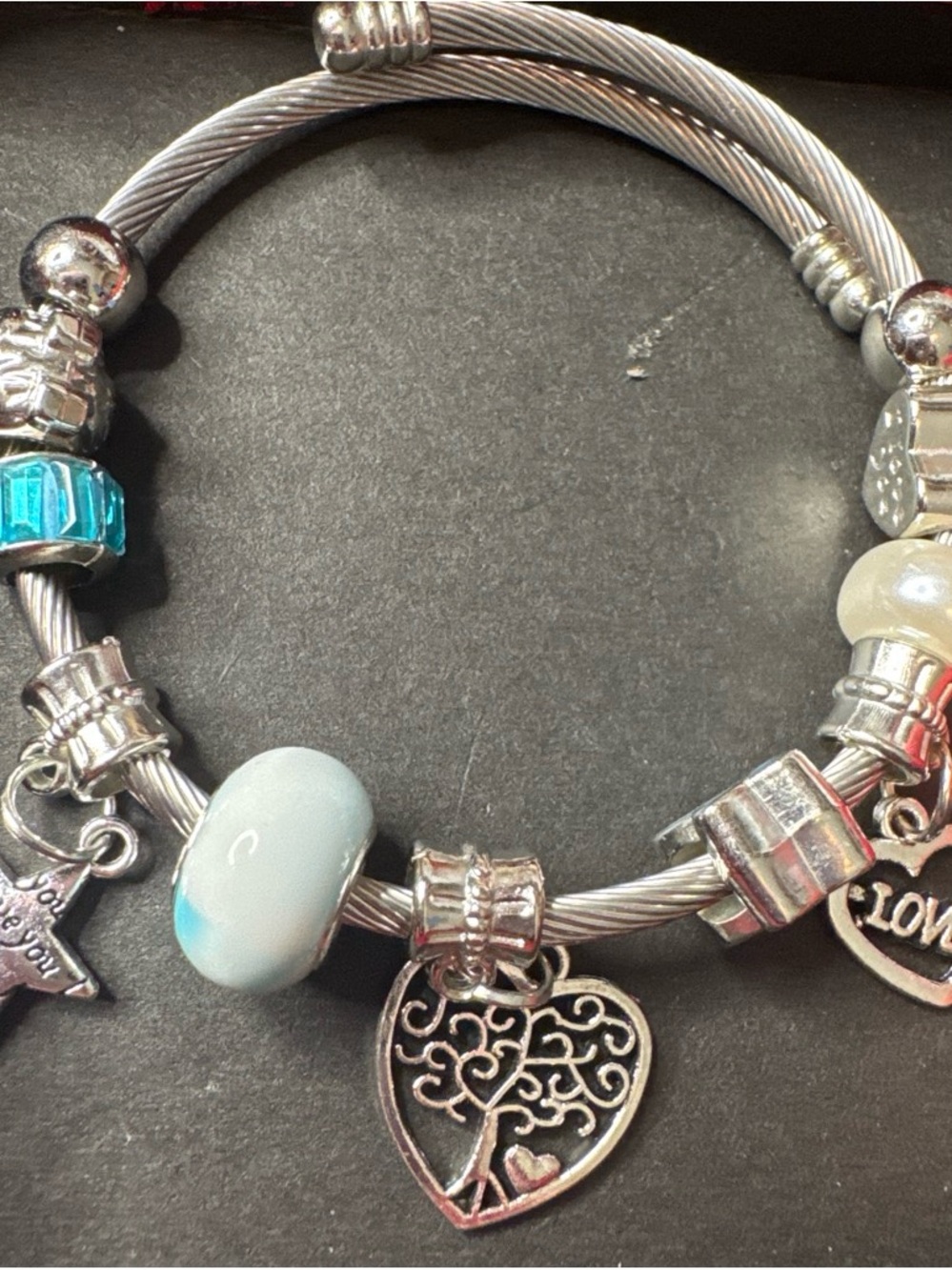 Silver Bracelet with Heart Tree Charm and Aqua Beads